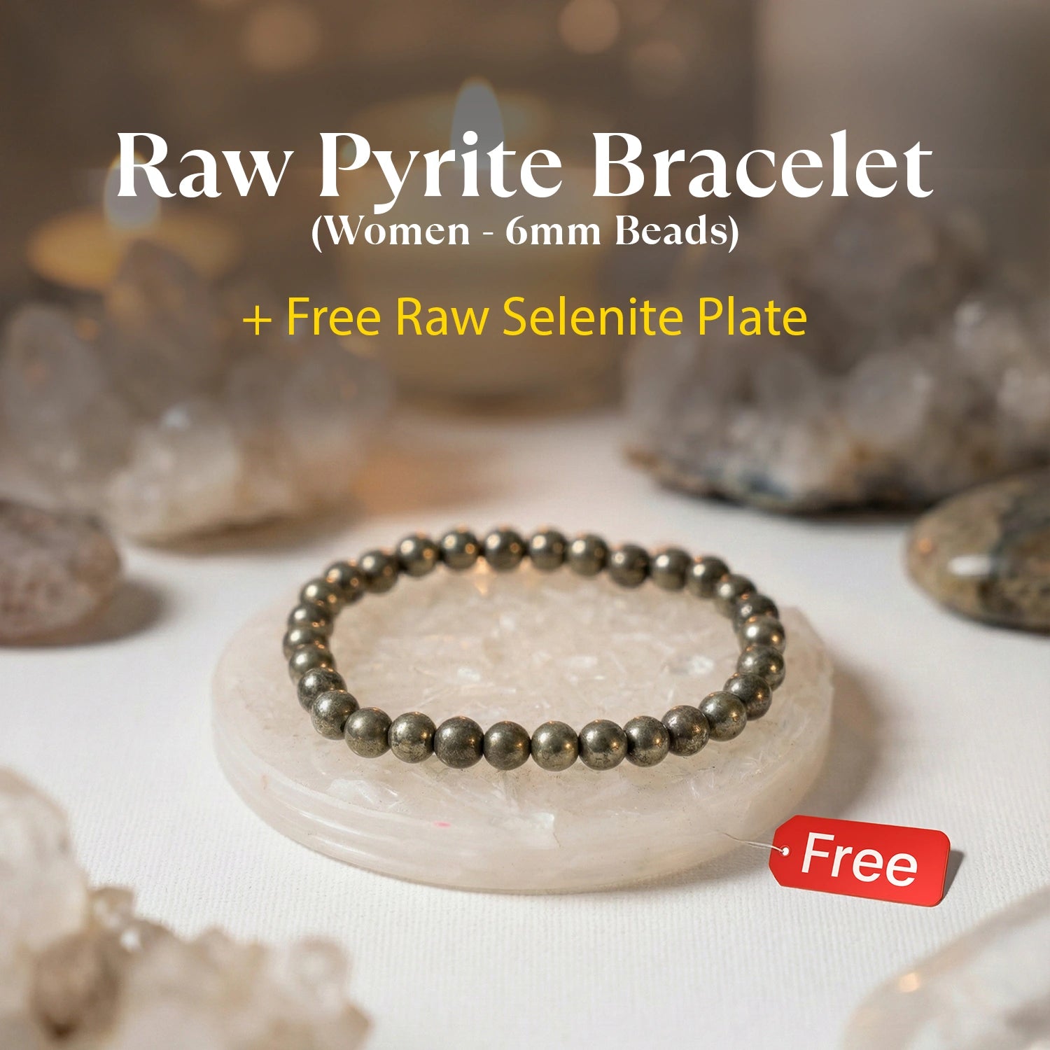 Raw Pyrite Bracelet (Women - 6mm Beads) with FREE Raw Selenite Plate